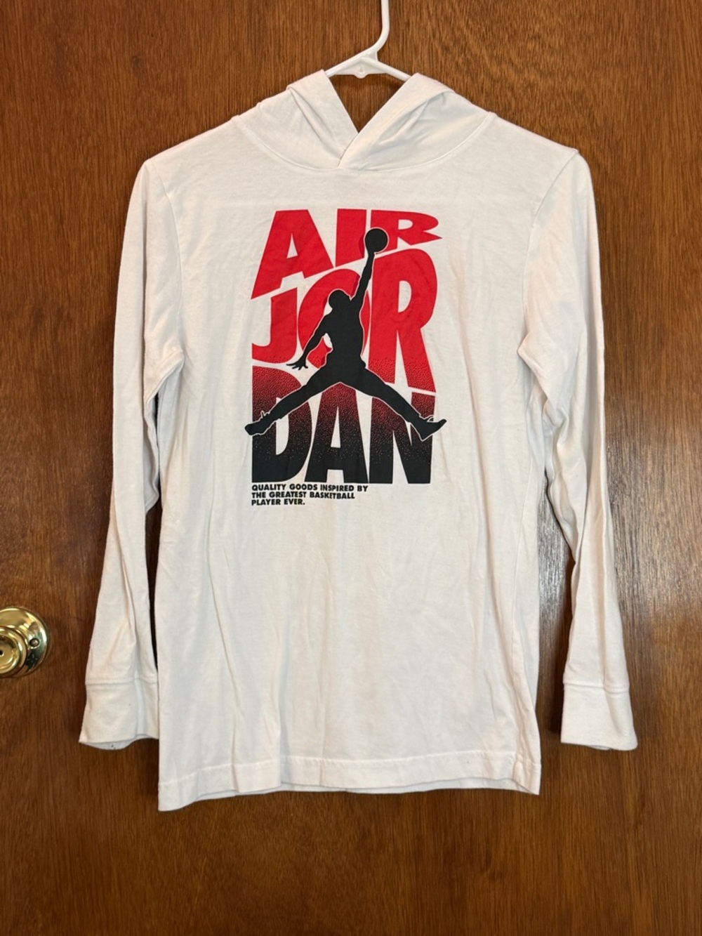 Jordan White Hooded Long Sleeve with Red Jumpman and Gray Tag Print